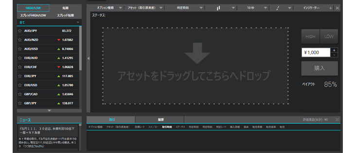 ザオプション(theoption)のPC版デスクトップアプリ取引画面
